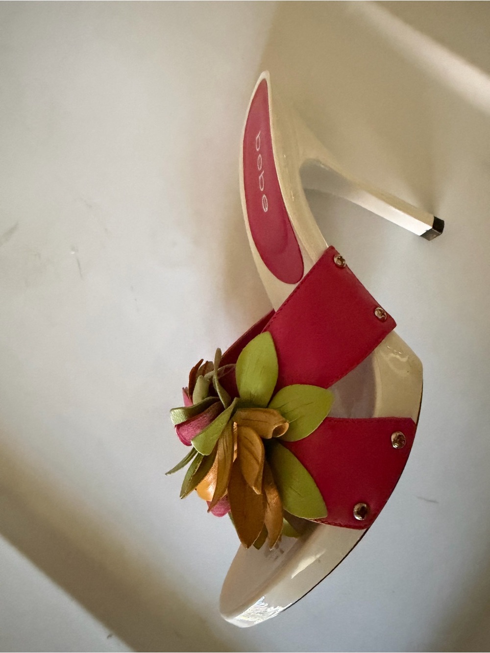 Vintage bebe White High Heel Slide with Pink Upper and Floral Accent